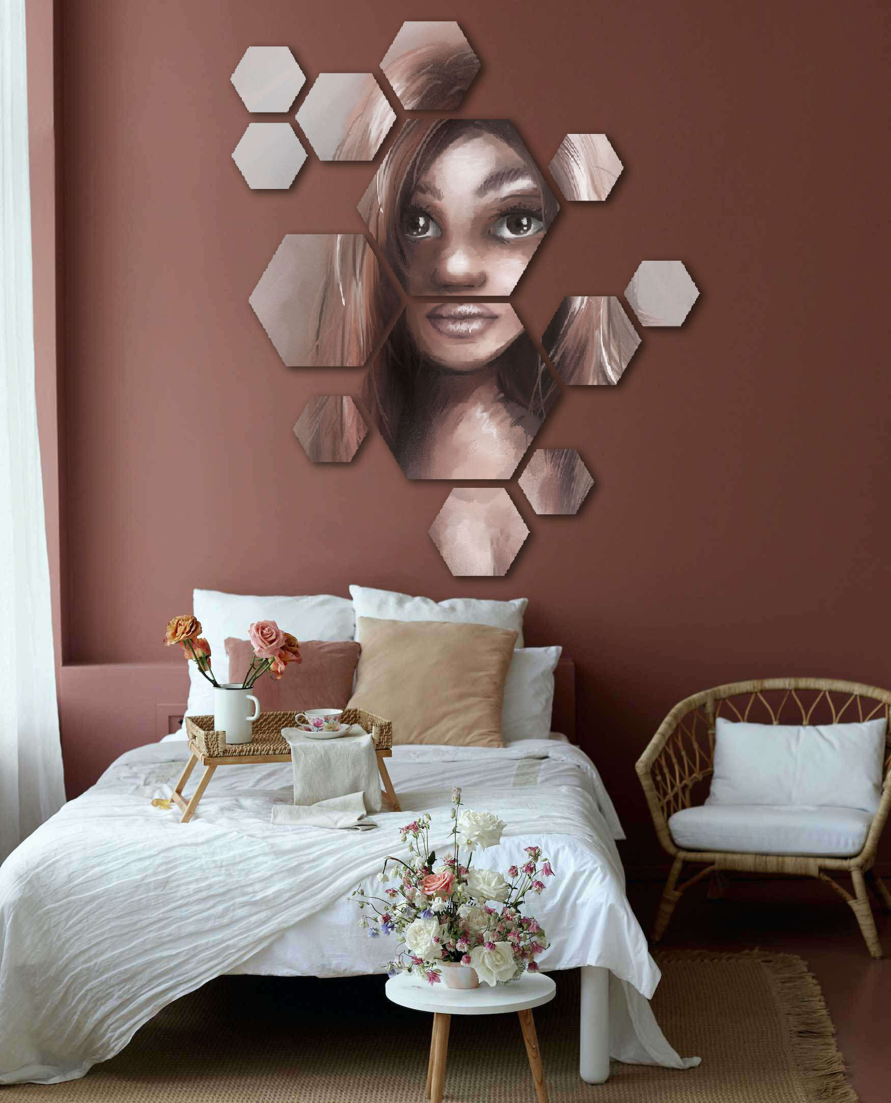 hexagon wanddecoratie portret vrouw verschillende grootte zeskanten