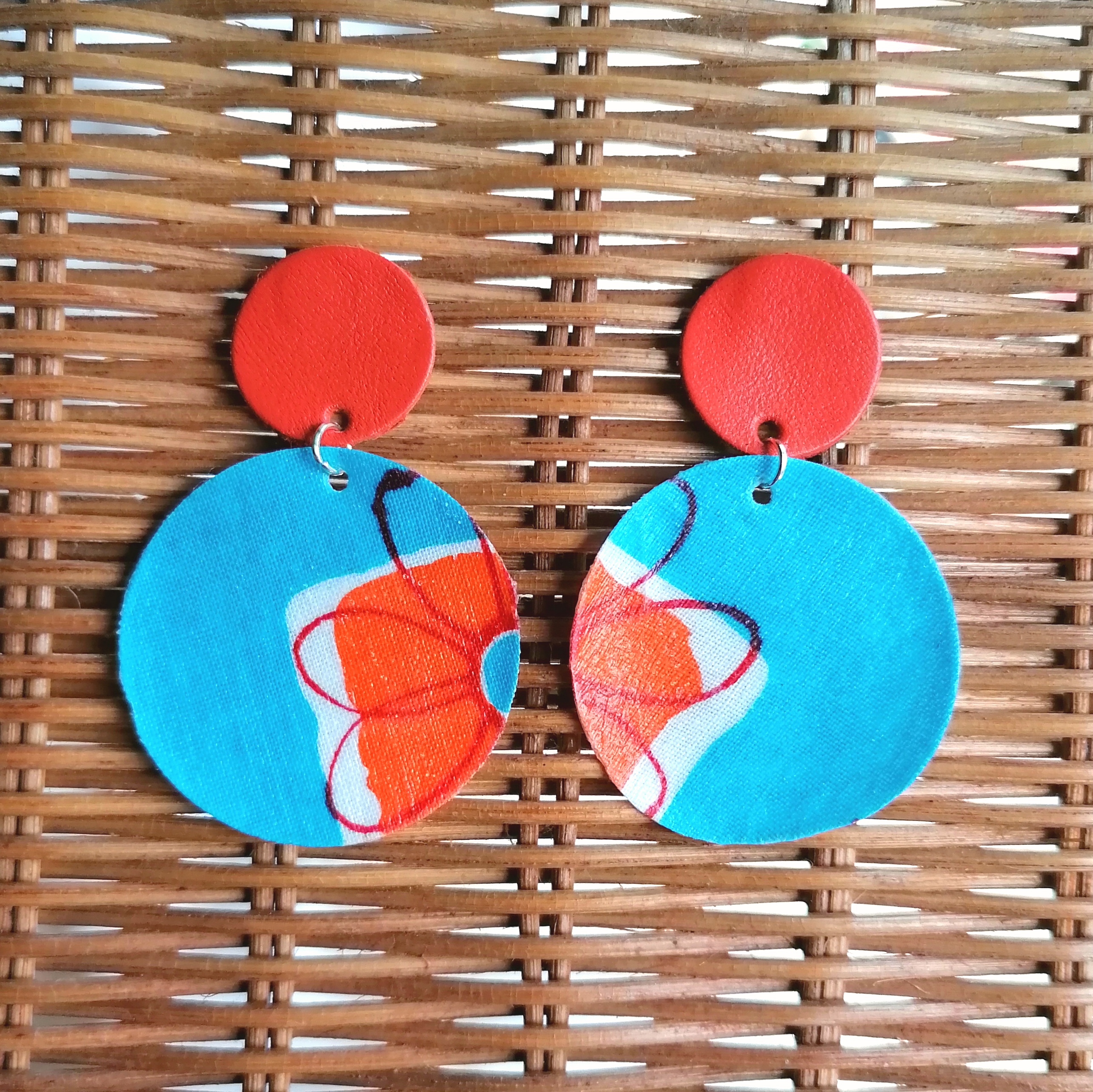 Recycled Vintage Fabric and Leather Stud Earrings- Orange and Blue Bold Flower