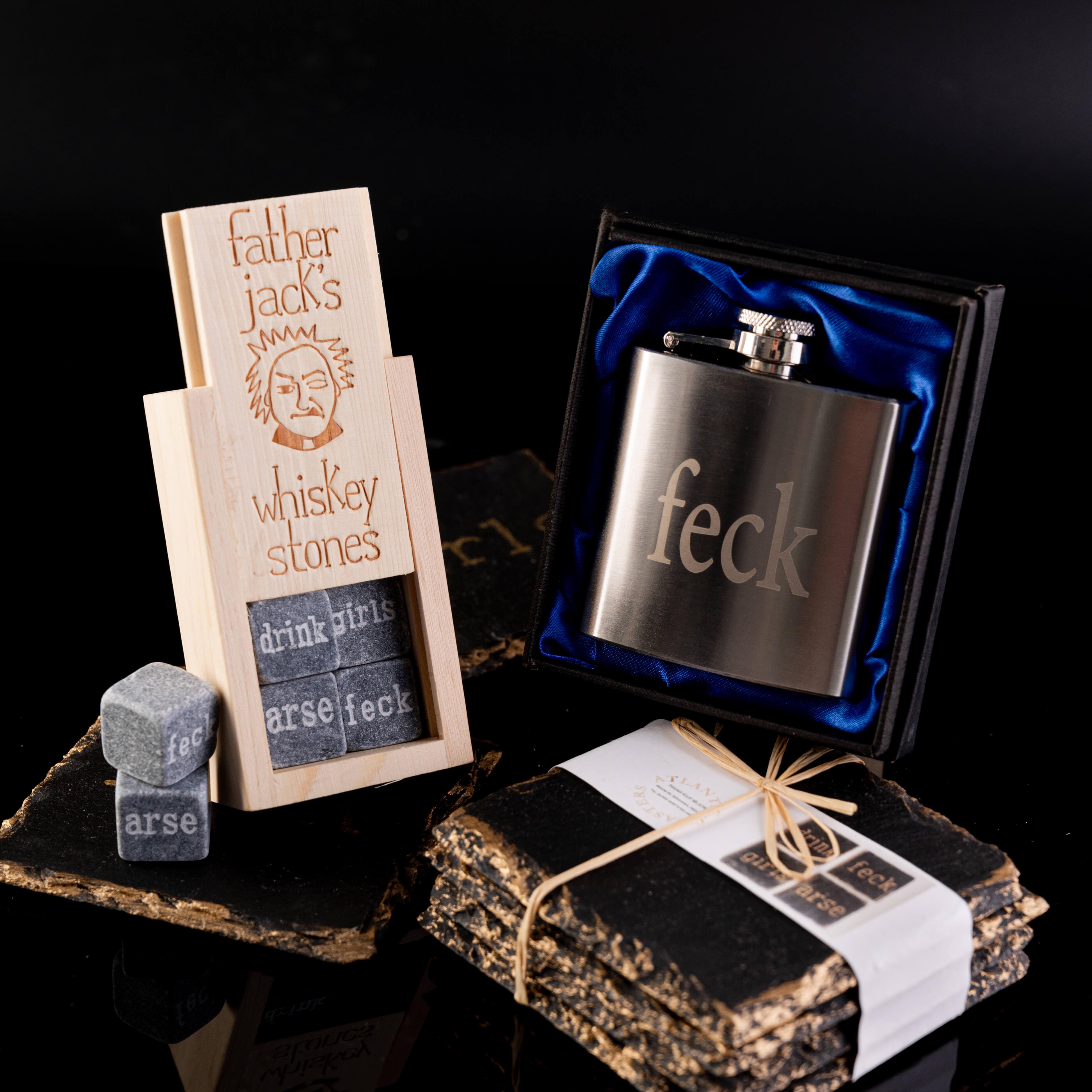 <img src="father jack gift set.jpg" alt="father jack gift bundle with coasters, whiskey stones and hip flask">