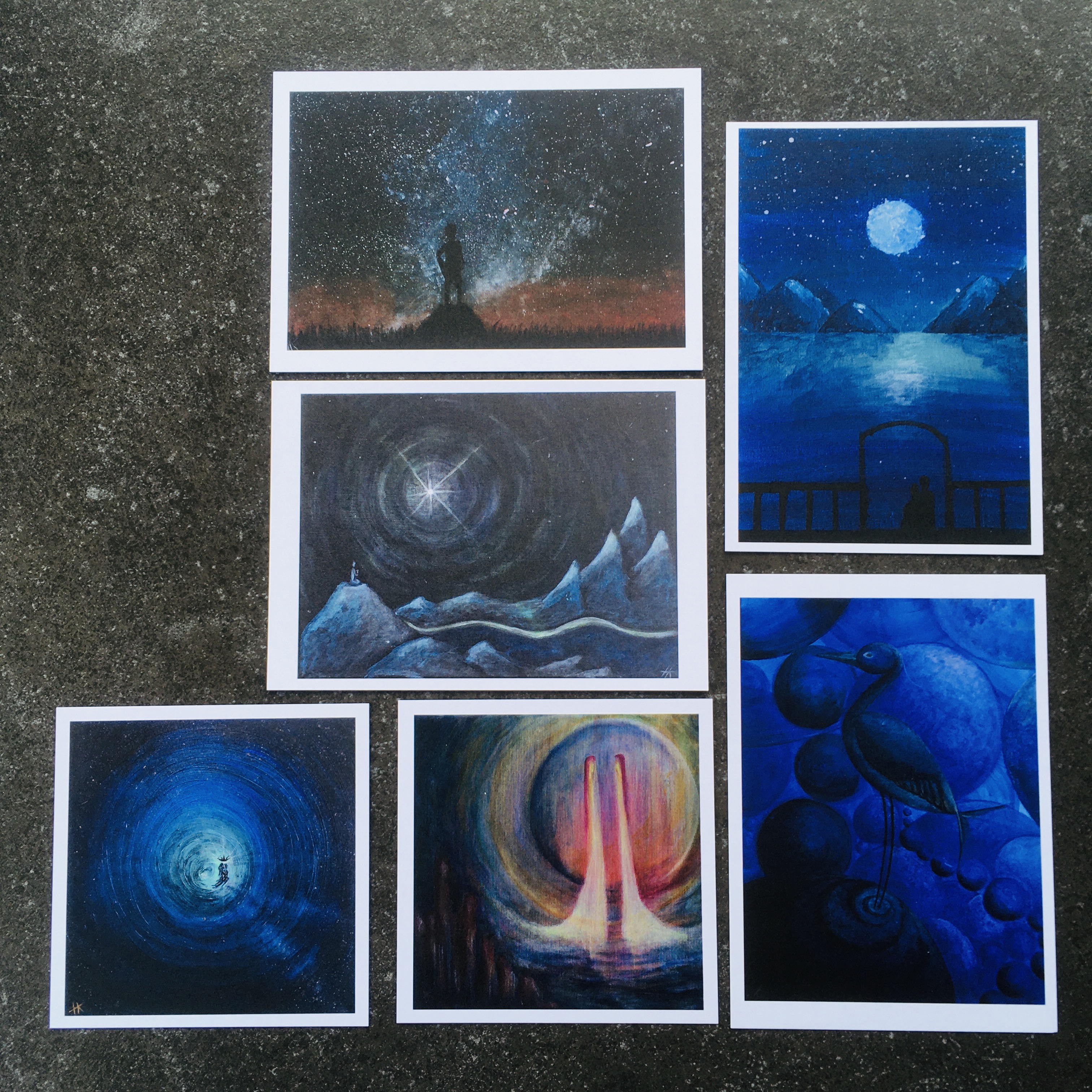 Blue & dark - set van 6 kunstkaarten
