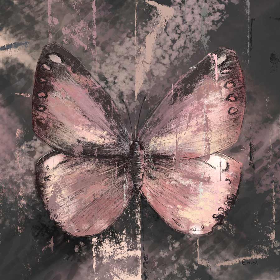 Decoratie cirkel in zwart houten voet - roze vlinder