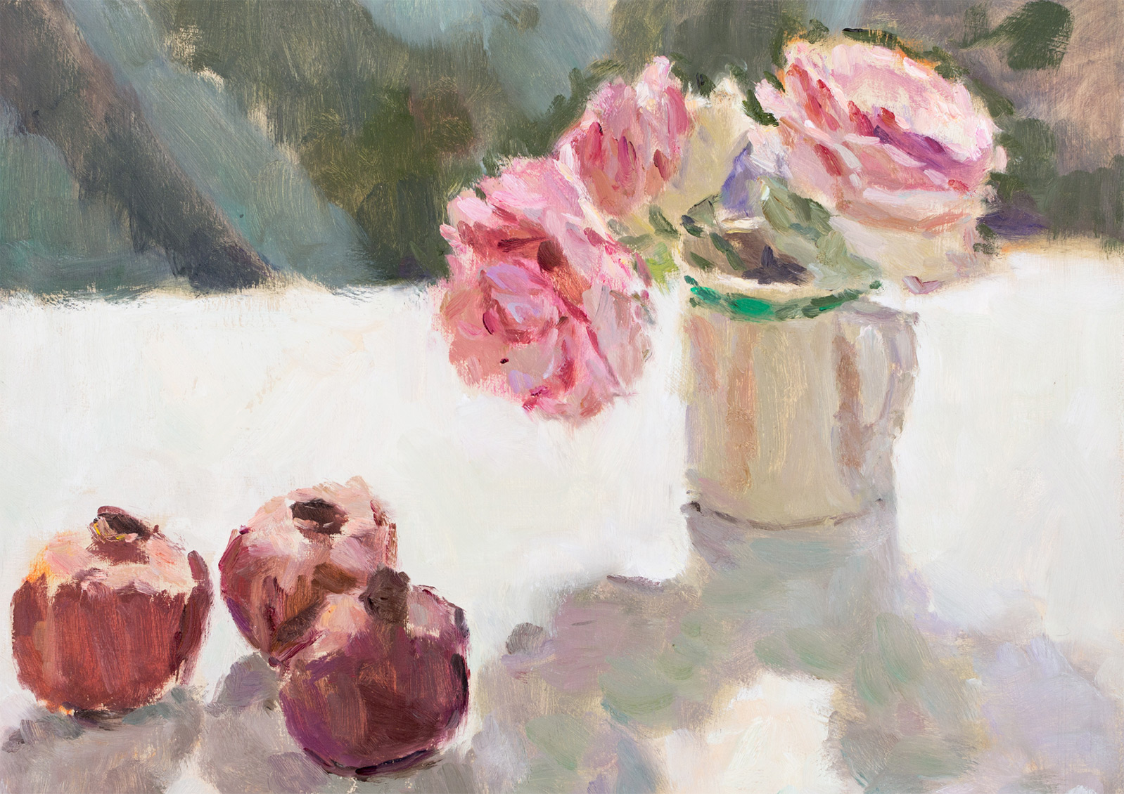 Roses and Pomegranates against Green