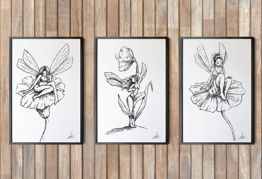 Drieluik zwart wit tekeningen kinderkamer - elfjes met bloem