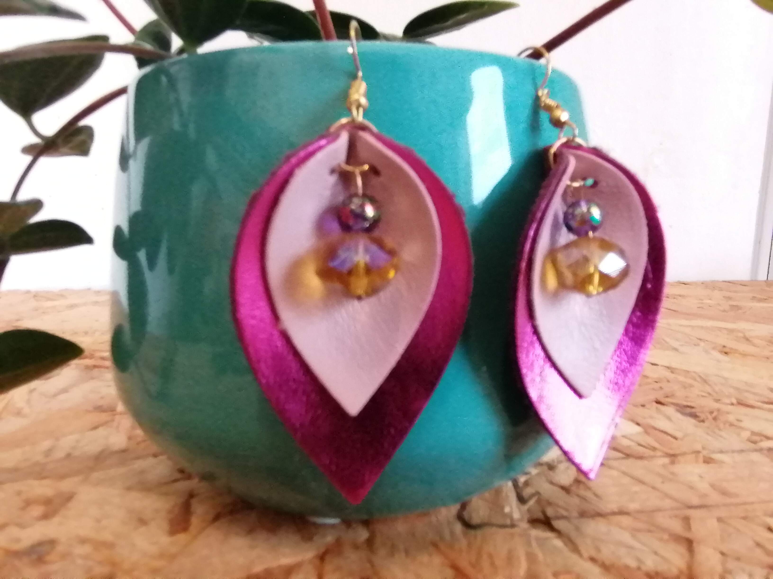 Glitzy Pink Recycled Leather Petal Dangle Earrings