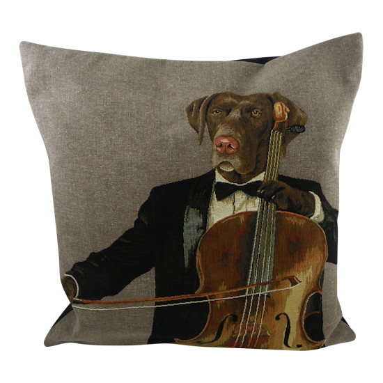 Gobelin sierkussen, hond met cello, een kussen uit de serie DOGS ORCHESTRA!