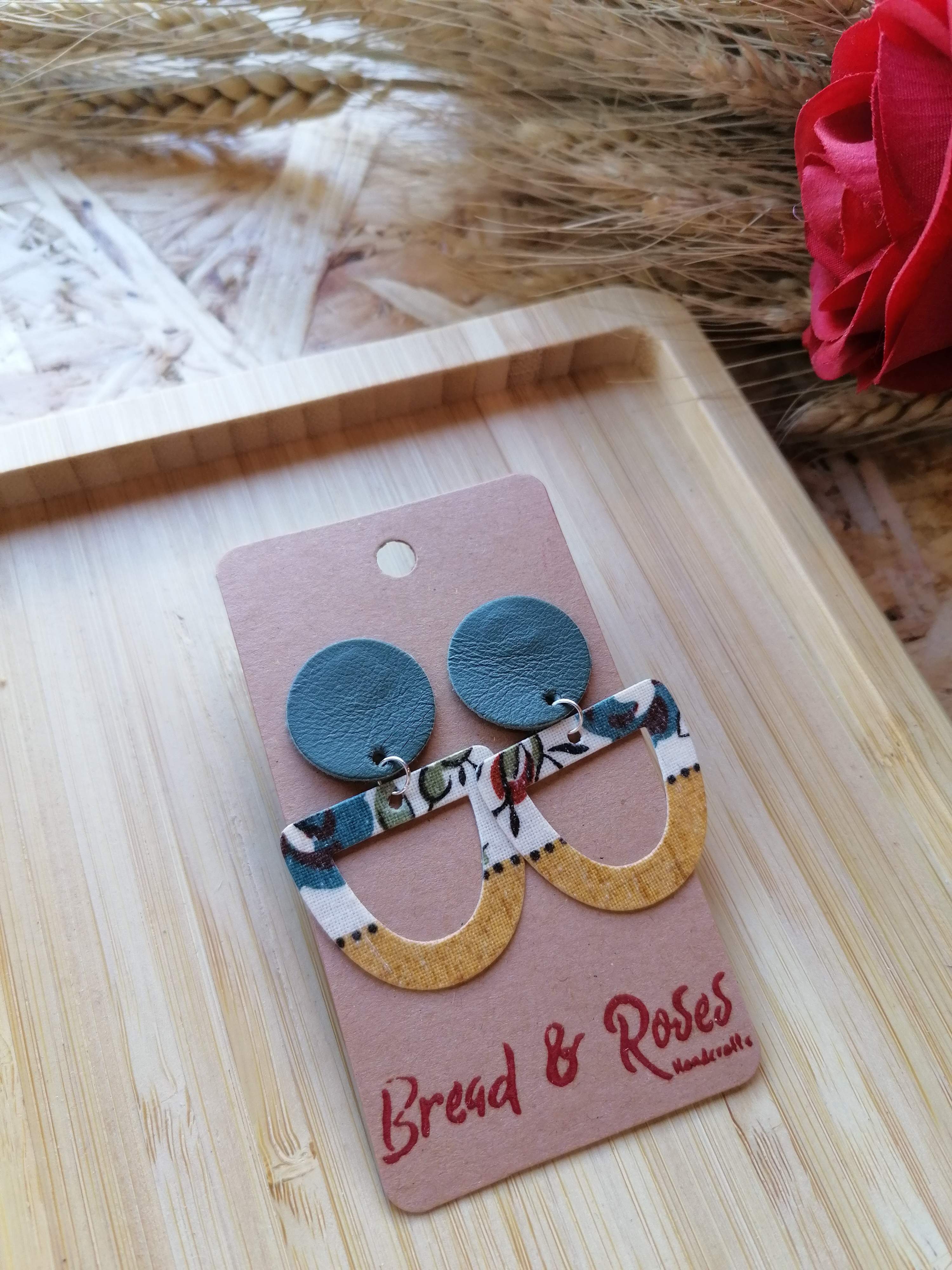 Recycled Vintage Fabric and Leather Stud Earrings- Sage and Yellow