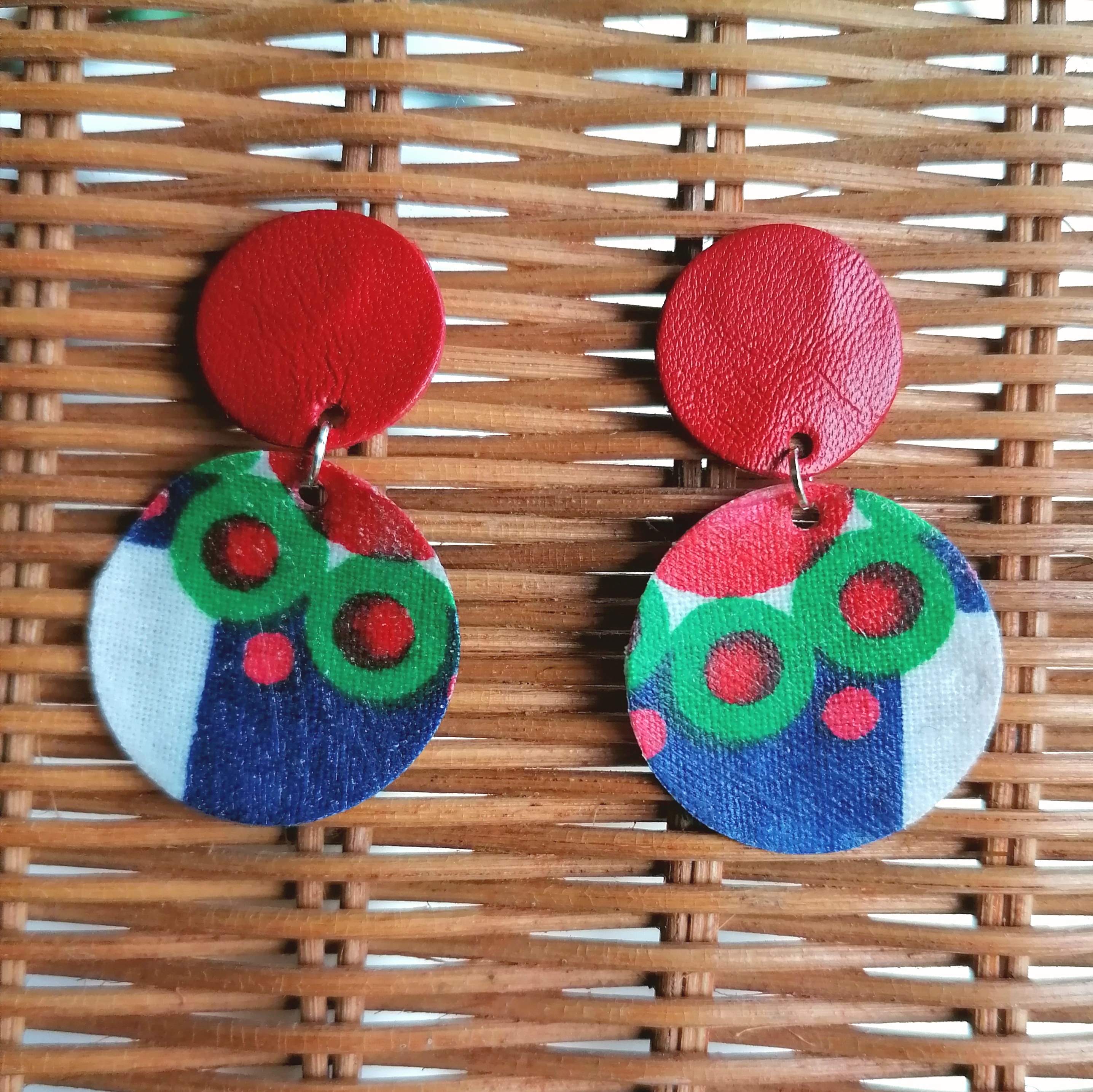 Recycled Vintage Fabric and Leather Stud Earrings- Red Blue and White Geometric