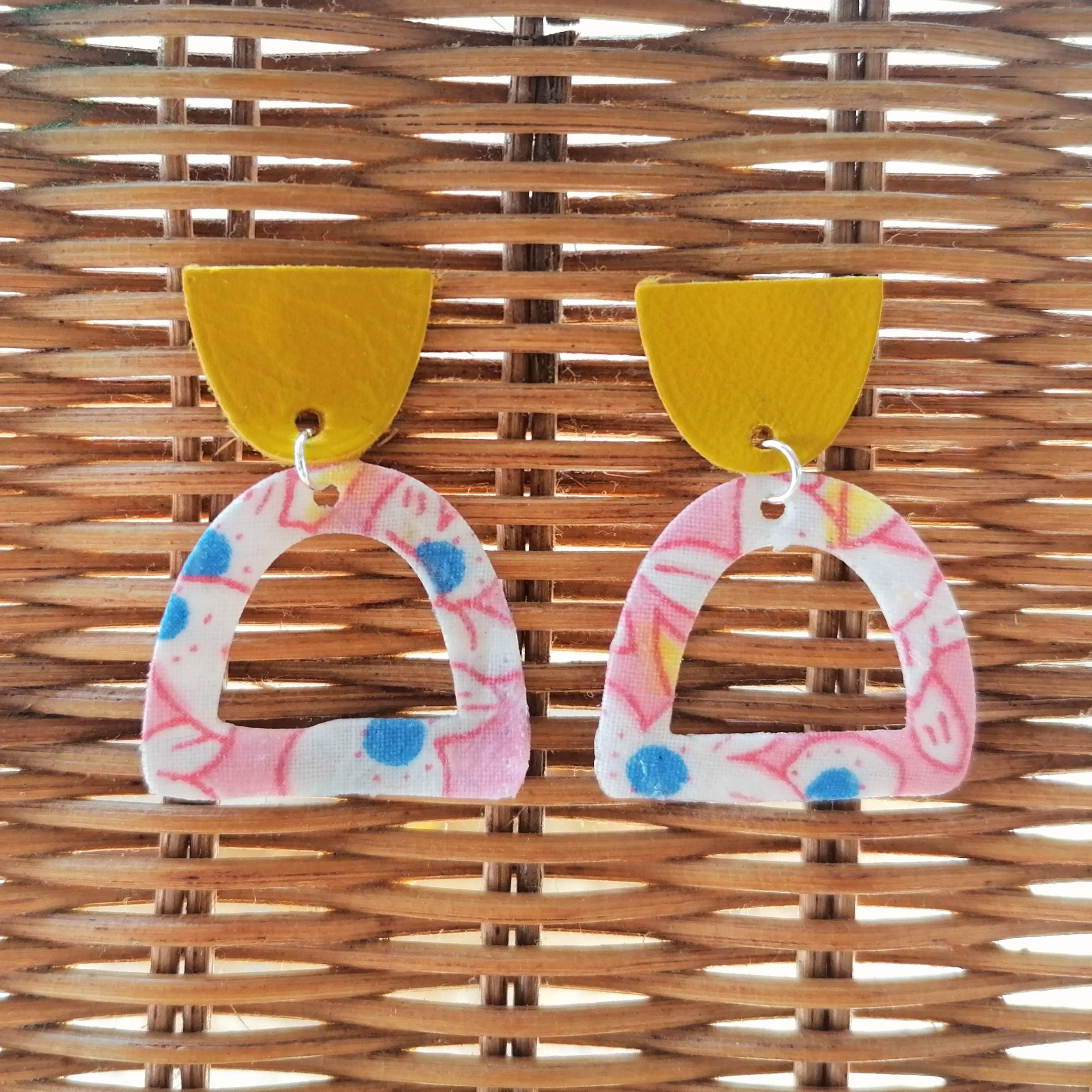 Recycled Vintage Fabric and Leather Stud Earrings- Yellow and Pink