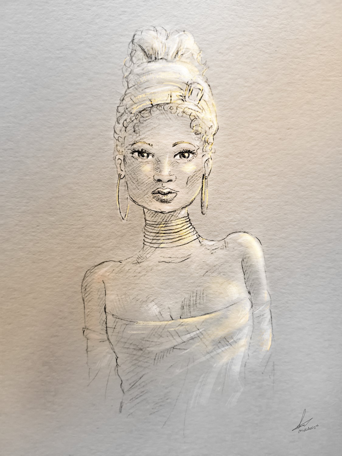 Prachtige potlood tekening portret Afrikaanse vrouw met goud geel en grijs tint