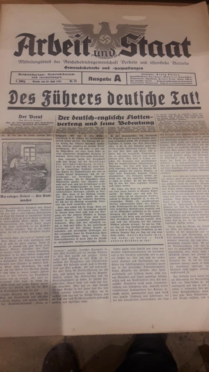 Krant Arbeit und Staat 29/06/1935