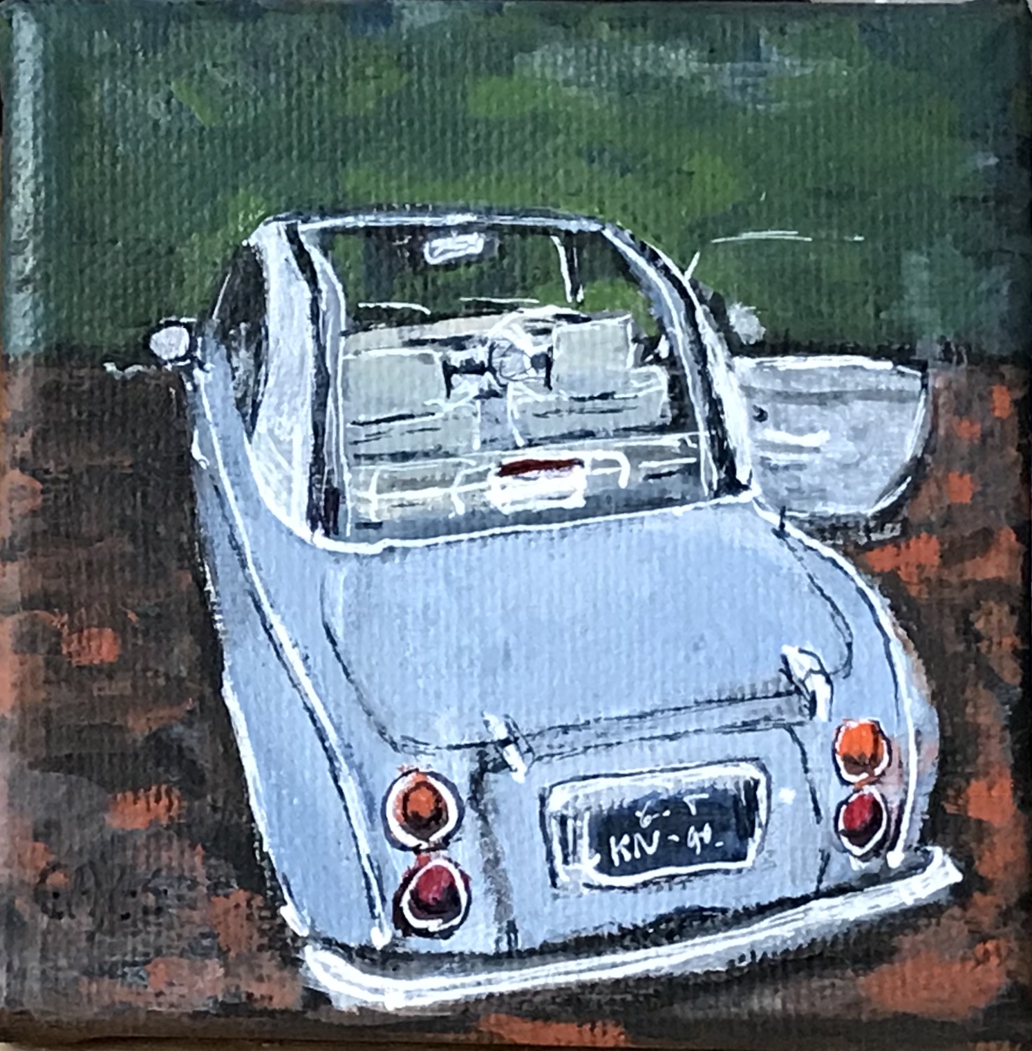 Klein schilderijtje van een Nissan Figaro