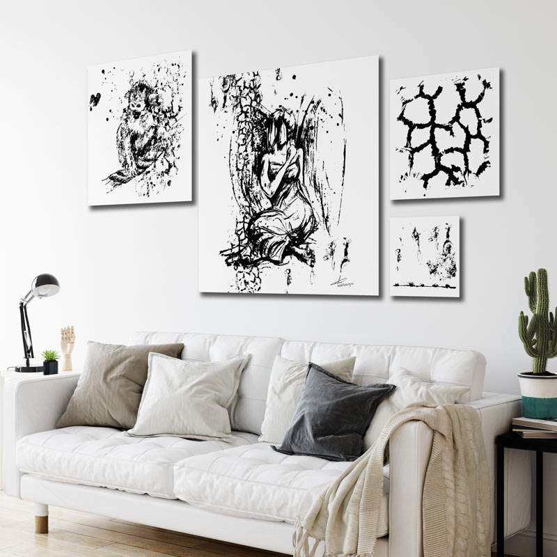 Collage van vier werken in zwart wit - vierkanten